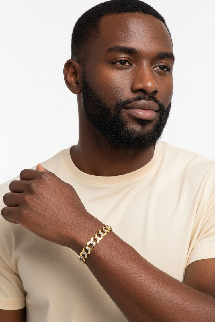 14k Two Tone Gold Pave Curb Bracelet - Head Tilted Side