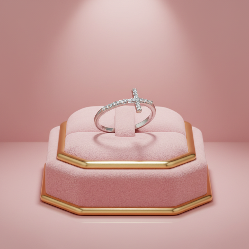 14K White Gold Cross Motif Ring with Diamond Accents - Pink Luxurious Display