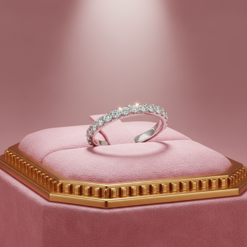 14K White Gold Round Pave Setting Diamond Wedding Band 3/8 cttw - Pink Luxurious Display Original Size