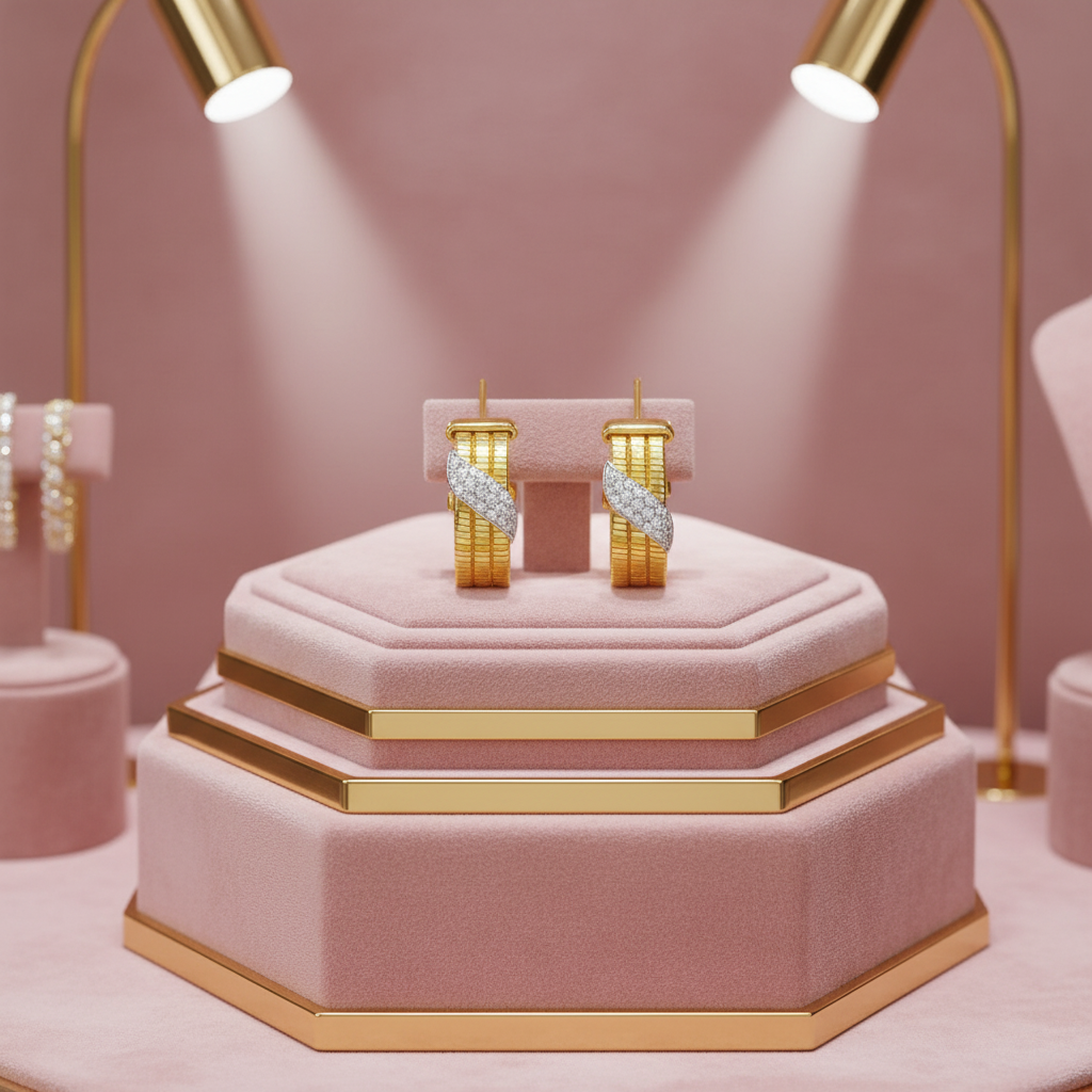 14K Yellow Gold Triple Row Diamond Omega Hoop Earrings - Pink Background Luxurious Display