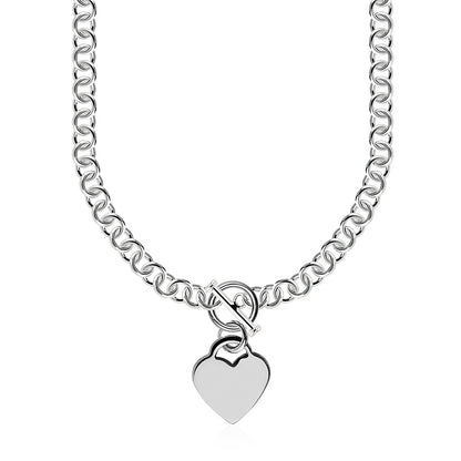 Sterling Silver Rolo Chain  with a Heart Toggle Charm and Rhodium Plating