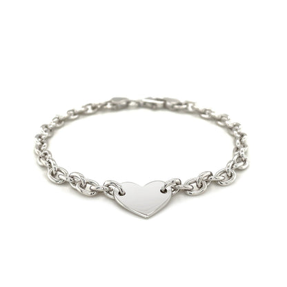 Sterling Silver Rhodium Plated Chain Bracelet with a Flat Heart Station(5.00 mm)