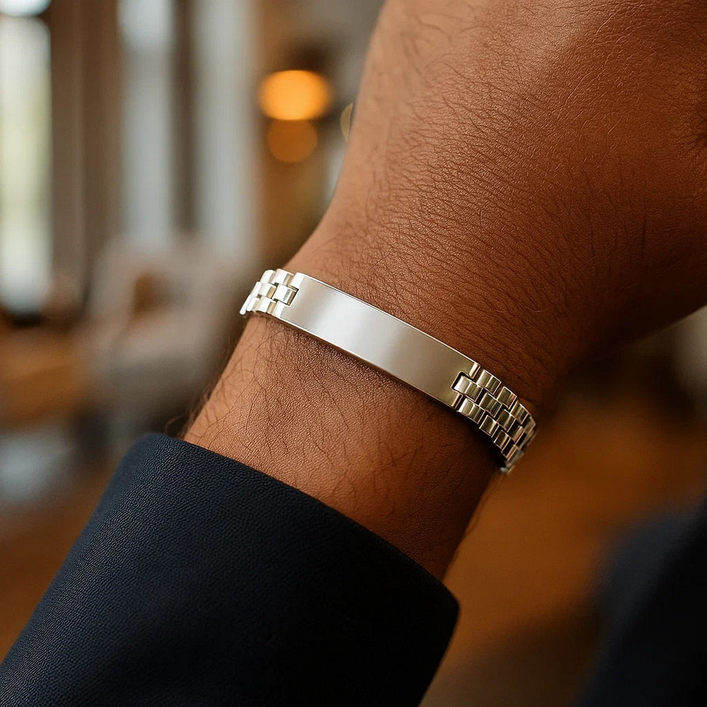 Sterling Silver Rhodium Plated Railroad Chain ID Bracelet