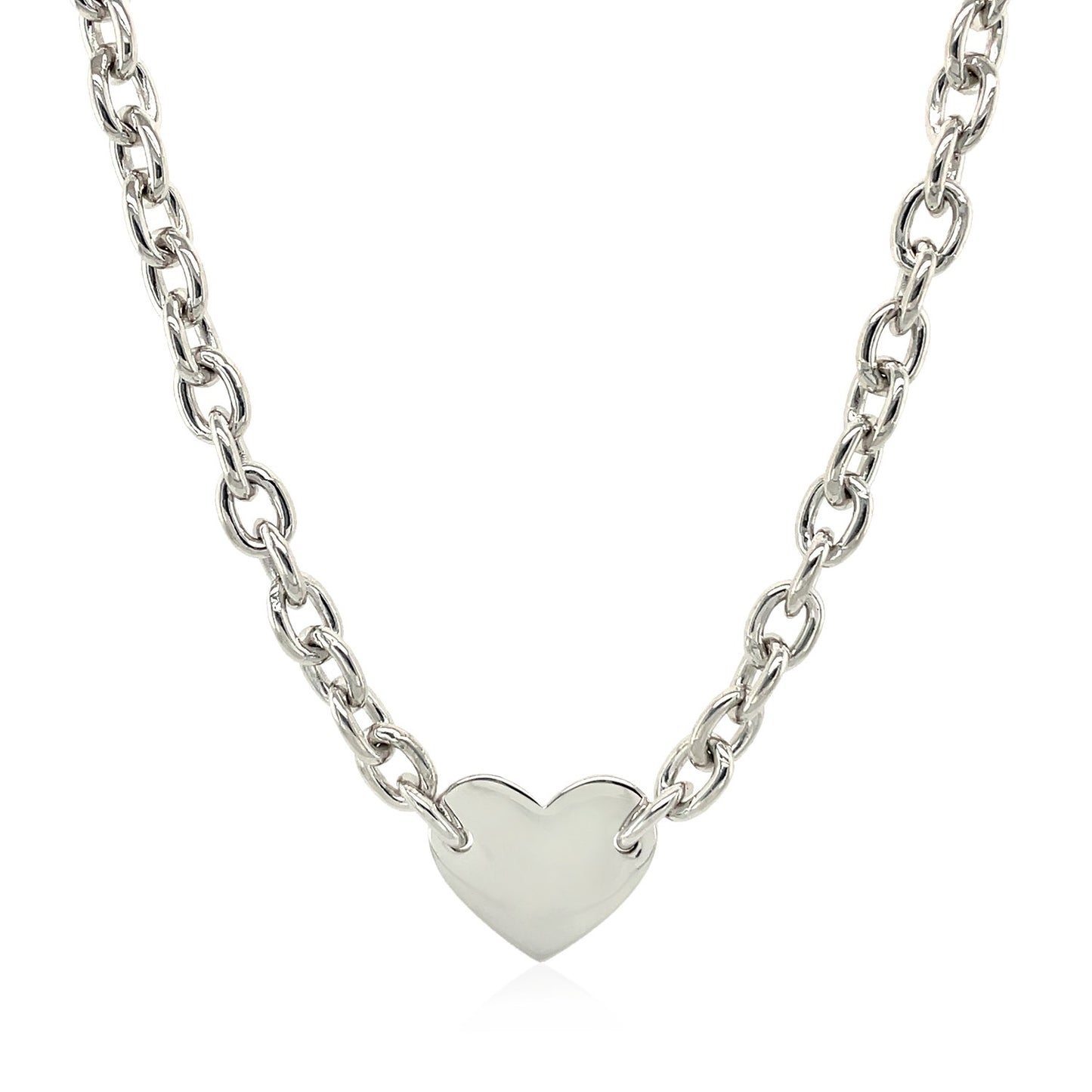 Sterling Silver Rhodium Plated Chain Bracelet with a Flat Heart Motif Station