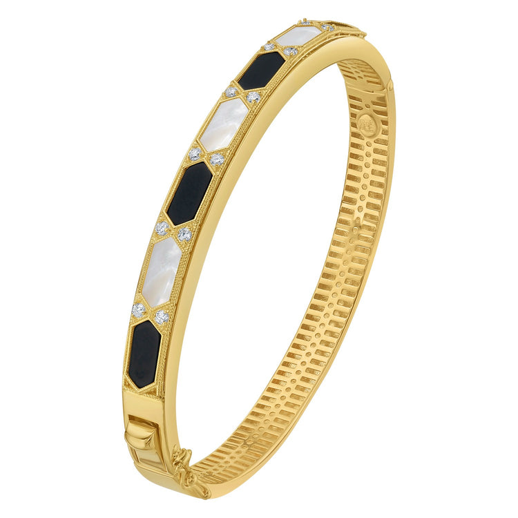14K Yellow Gold Black And White Art Deco Hexagon Bangle