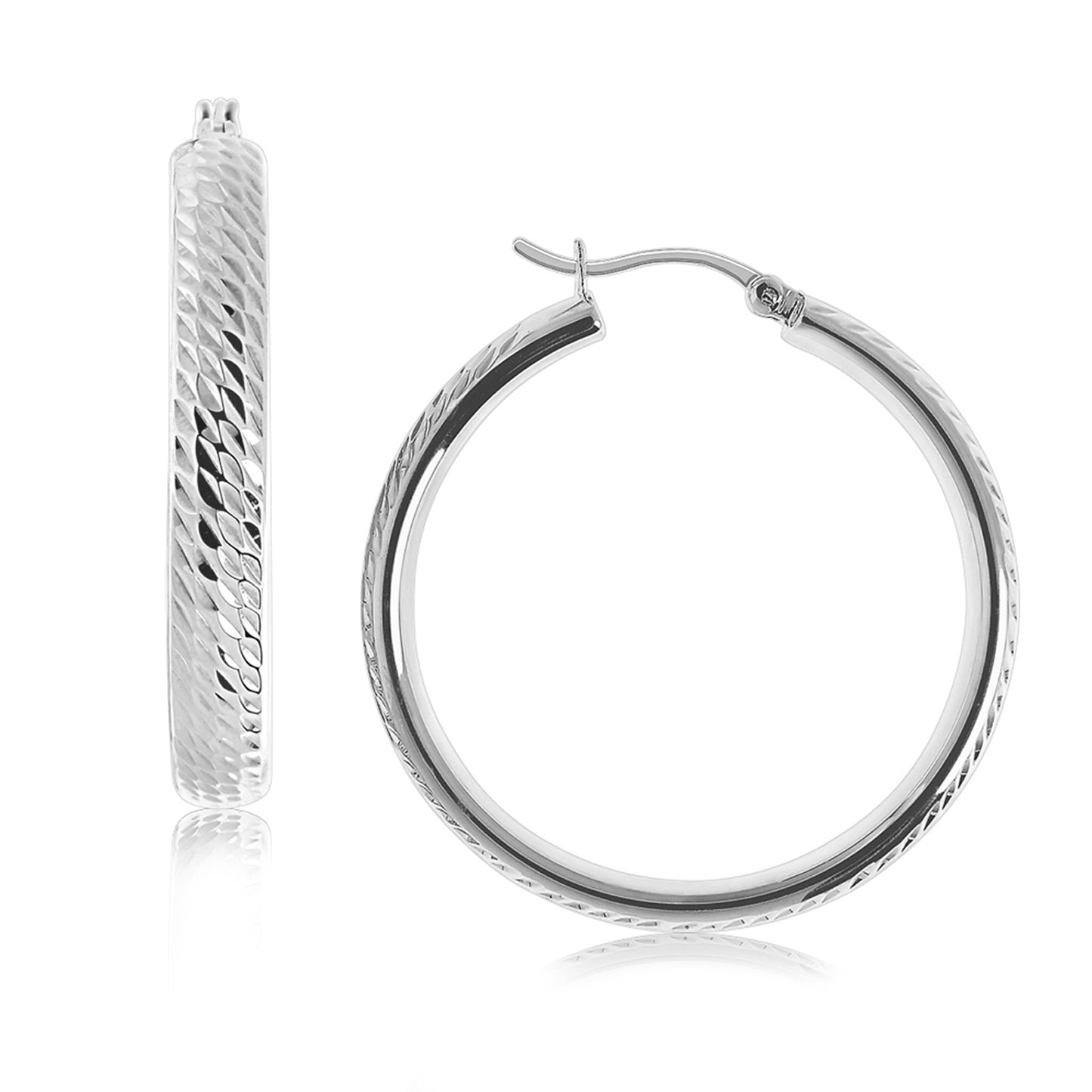 Sterling Silver Rhodium Plated Hoop Marquise Motif Diamond Cut  Earrings(3x30mm)