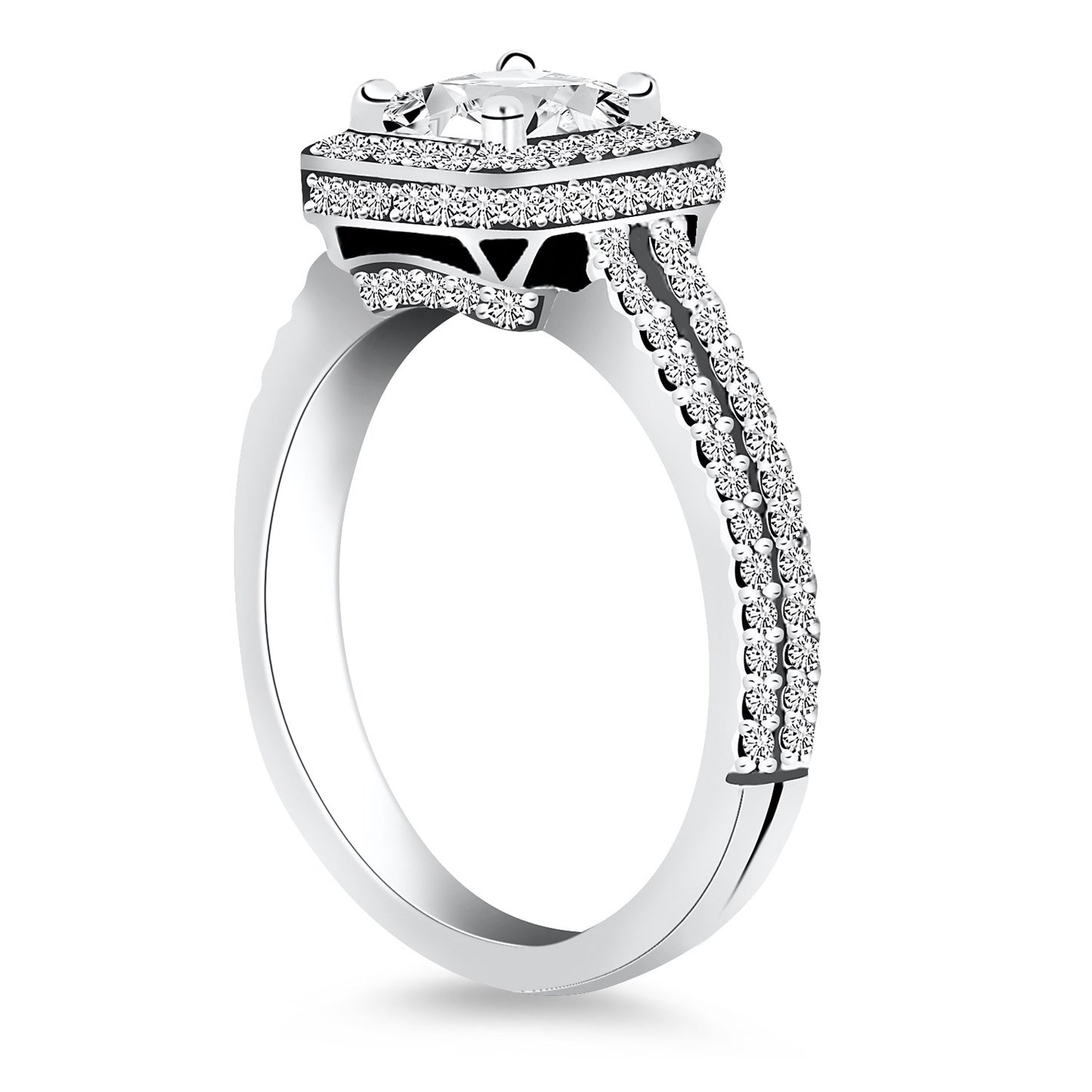 14k White Gold Diamond Halo Split Shank Engagement Ring Mounting