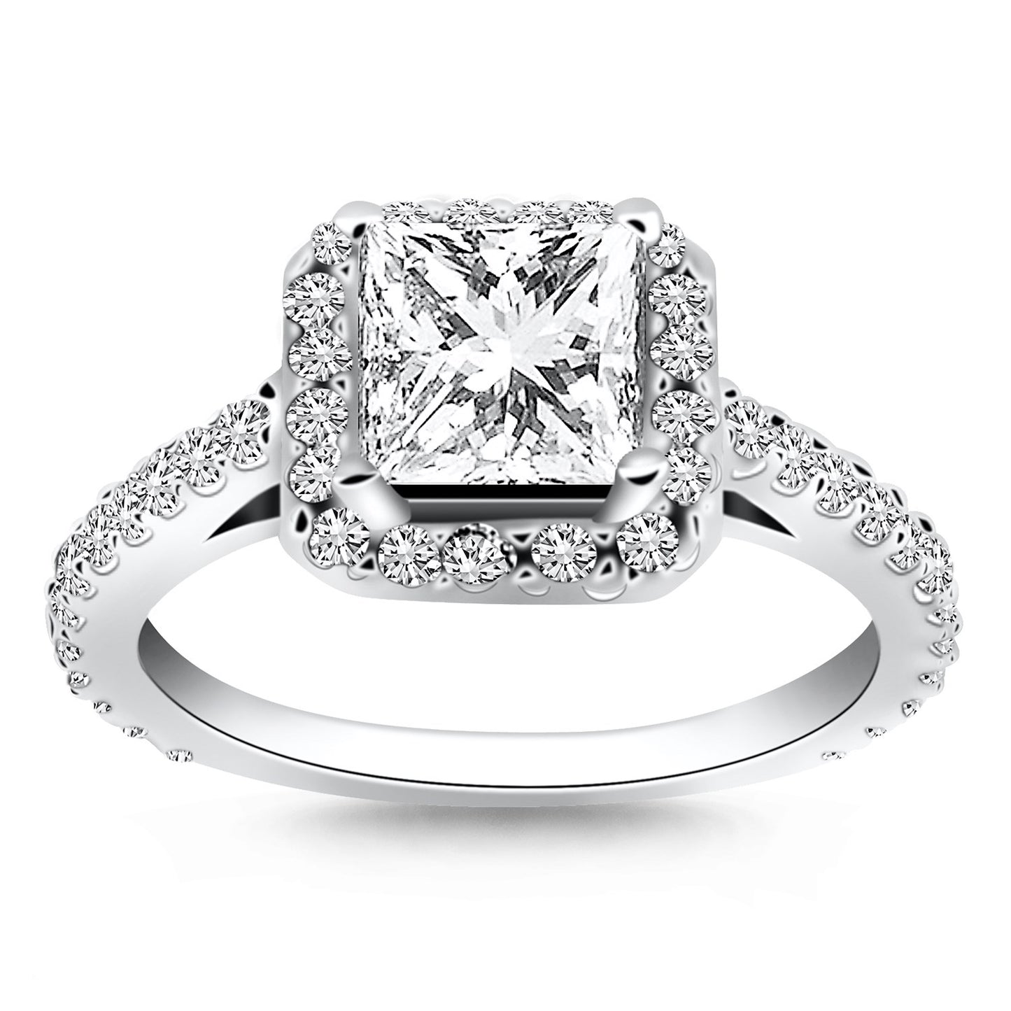 14k White Gold Princess Diamond Halo Cathedral Engagement Ring Mounting