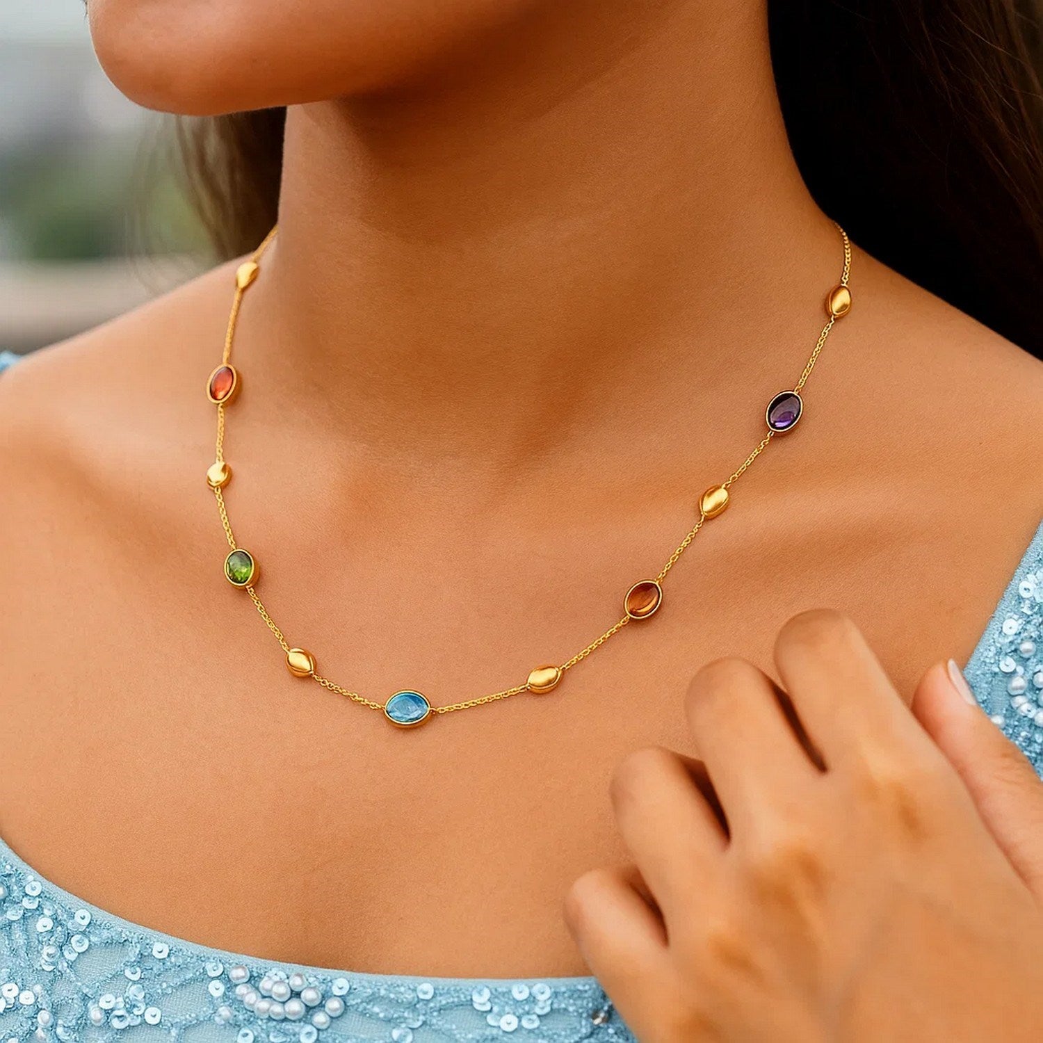 14K Yellow Gold Oval Gemstone and Bead Necklace
