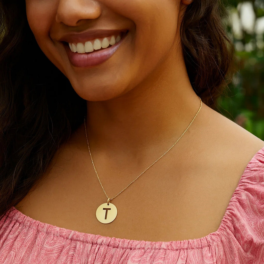14K Yellow Gold Disc Initial T Pendant