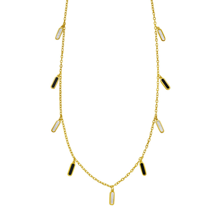 14K Yellow Gold Onyx And MOP Inlay Station Necklace