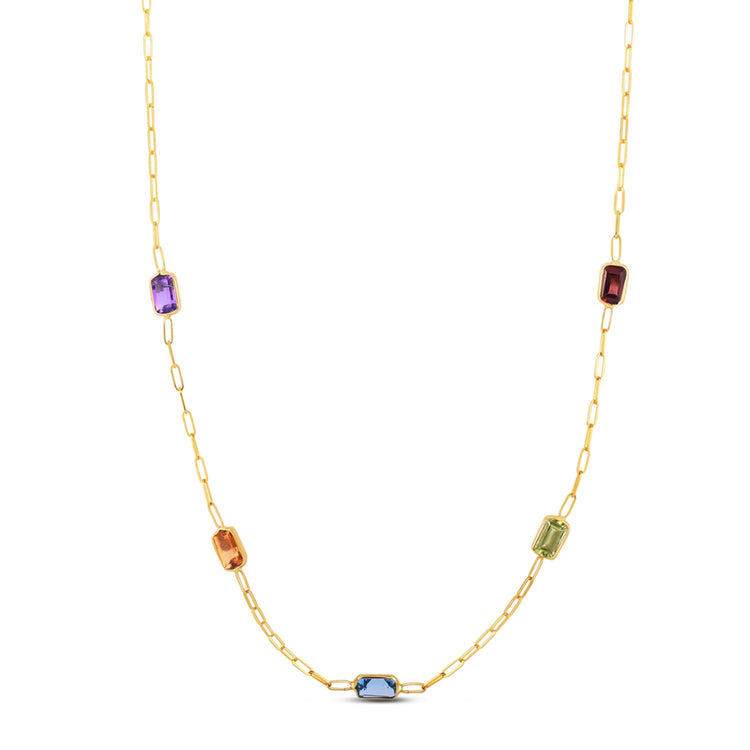 14K Yellow Gold Multi Gemstone Paperclip Necklace (1.50 mm)