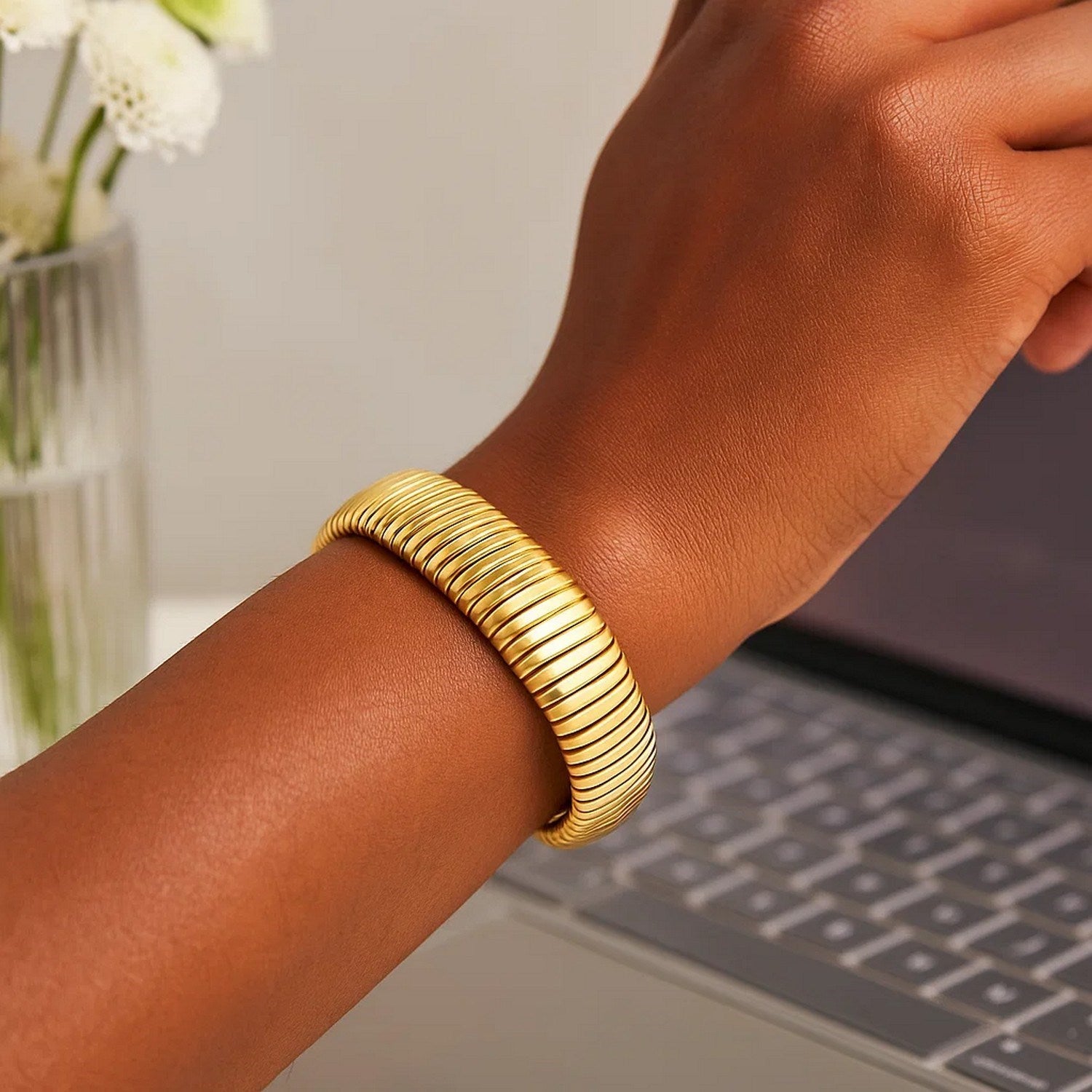 Sterling Silver Yellow Gold Plated Thick Tubogas Bracelet (16.00 mm)