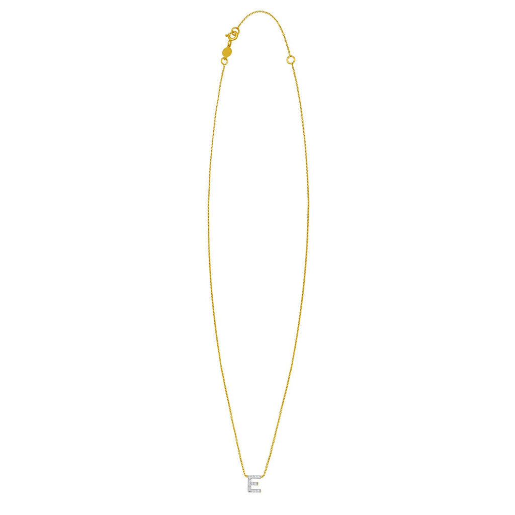 14K Yellow Gold Mini Diamond E Initial Pendant Necklace