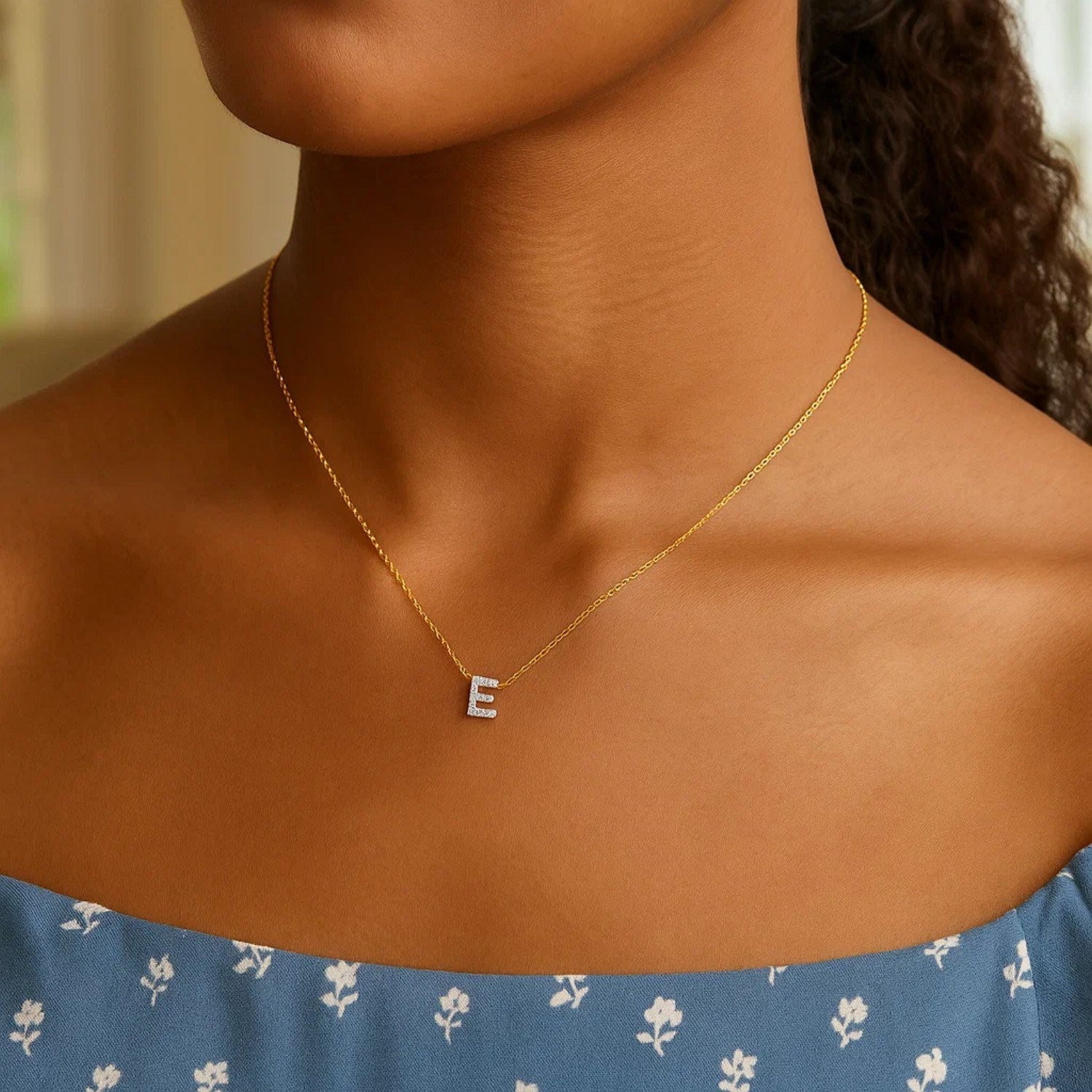 14K Yellow Gold Mini Diamond E Initial Pendant Necklace