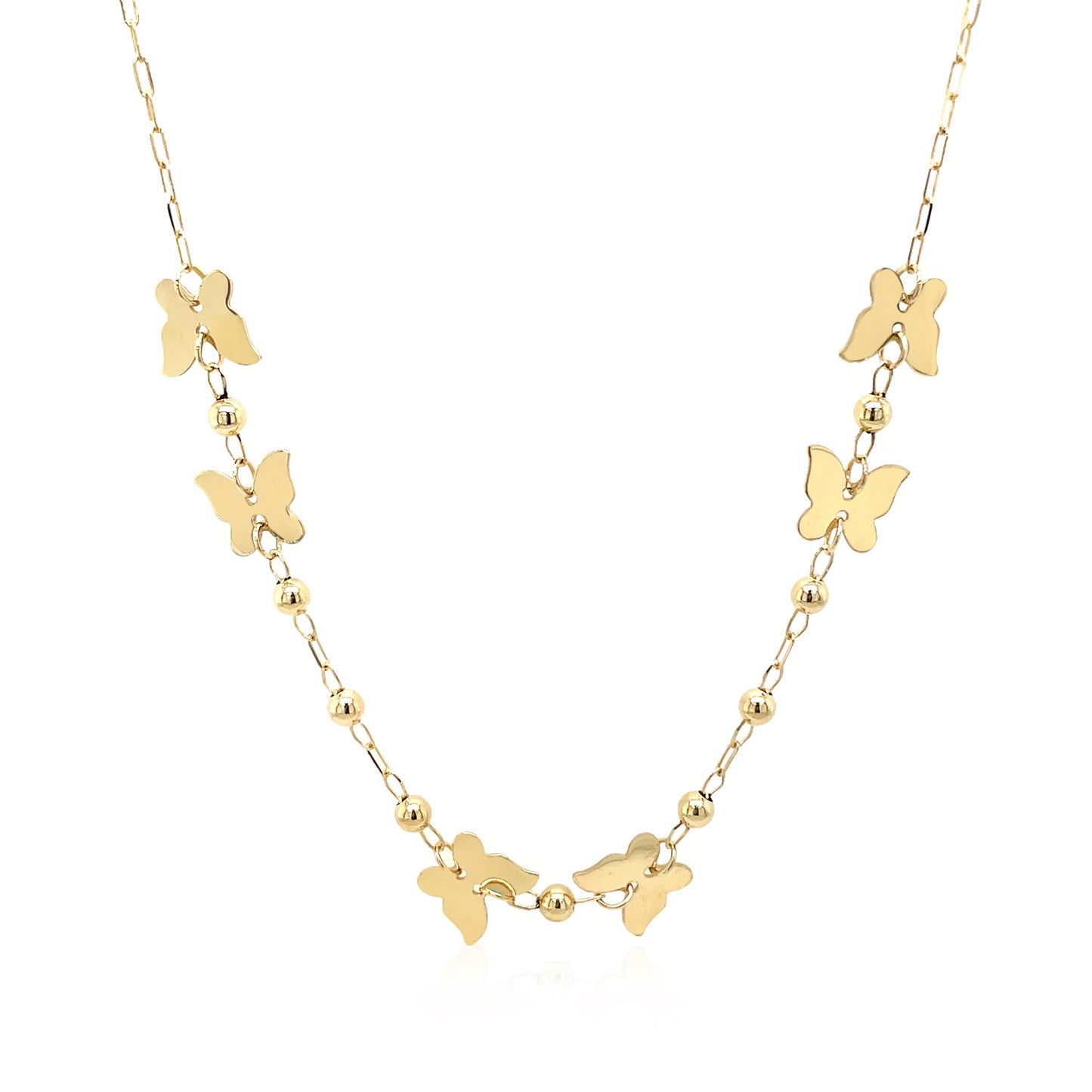 14k Yellow Gold 18 inch Necklace with Polished Butterflies and Beads