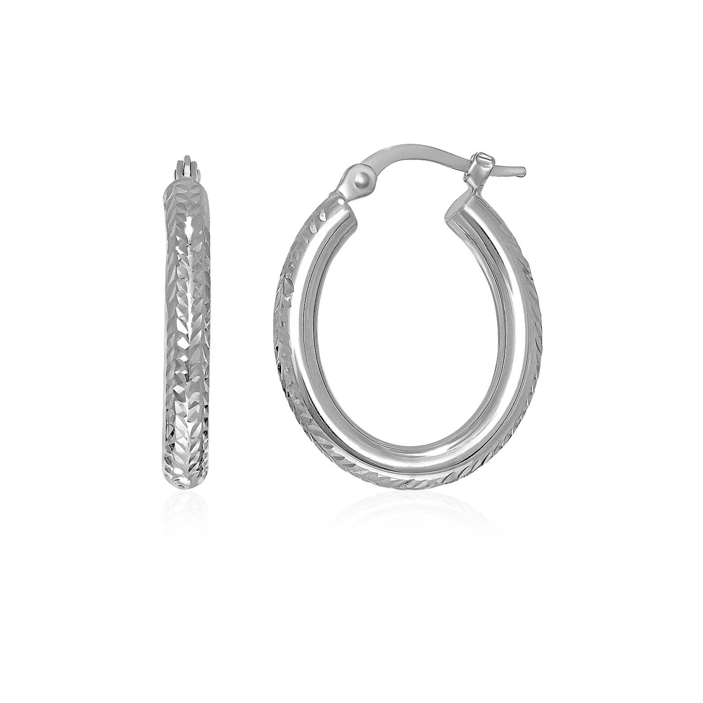 14k White Gold Diamond Cut Textured Oval Hoop Earrings.