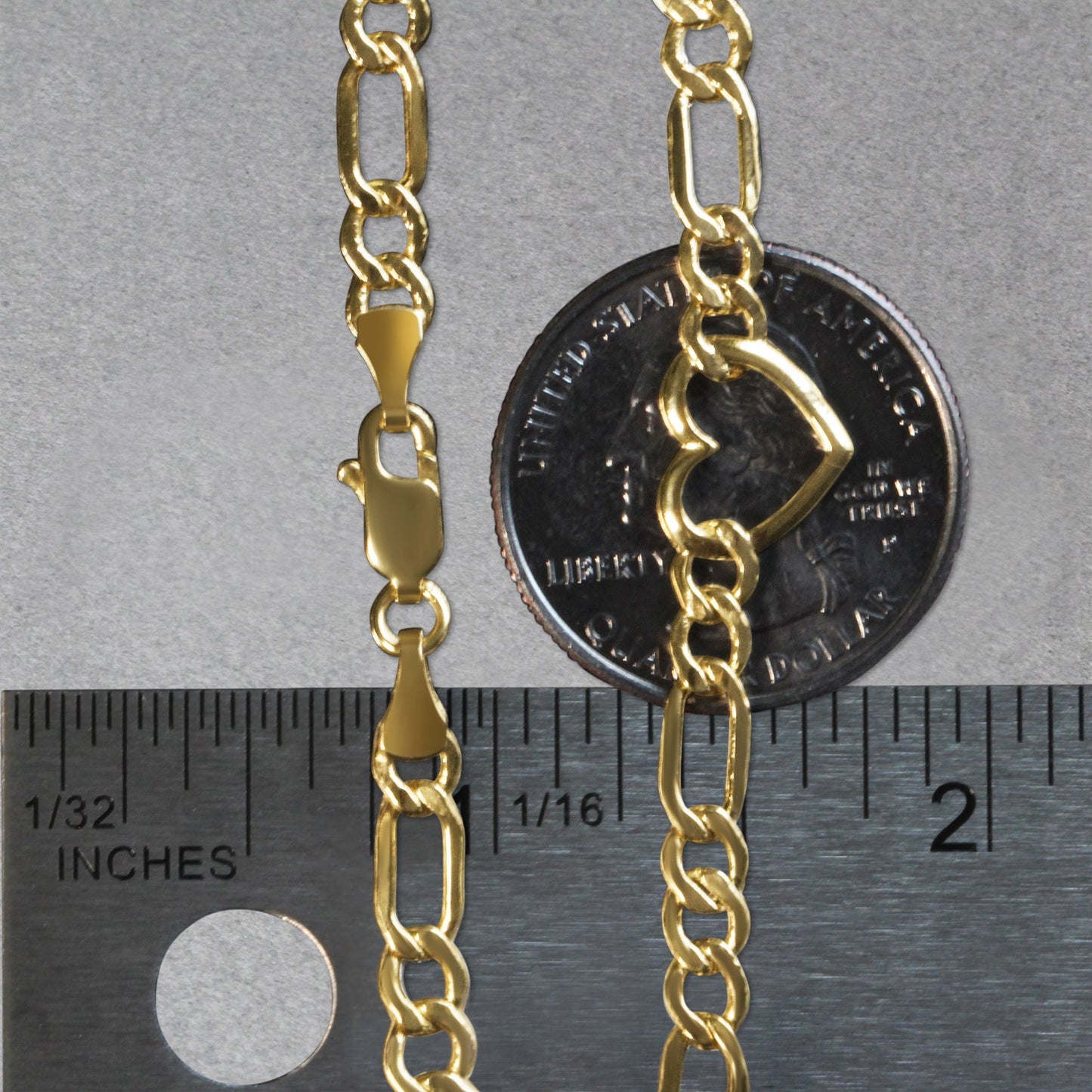 14k Yellow Gold 7 inch Figaro Chain Bracelet with Heart (4.50 mm)