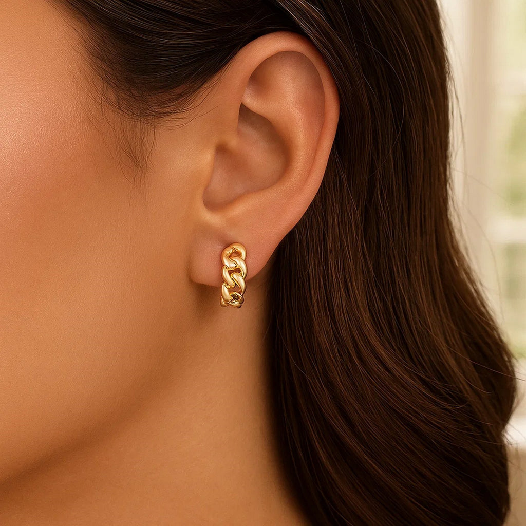 14K Yellow Gold Thick Curb Chain Huggie Hoop Earrings(4.2x12.4mm)