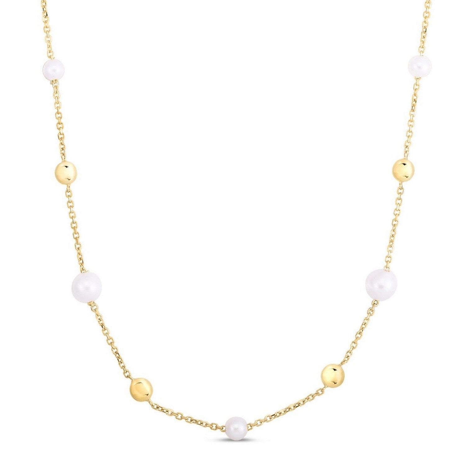14K Yellow Gold Pearl Bead Tin Cup Station Necklace