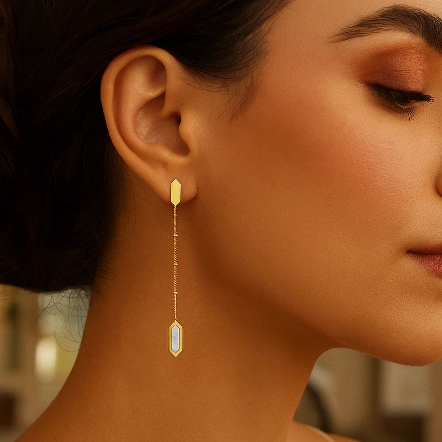 14K Yellow Gold Hexagon Mother of Pearl Drop Earrings