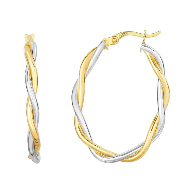10K Two Tone Gold Oval Twist Hoop Earrings