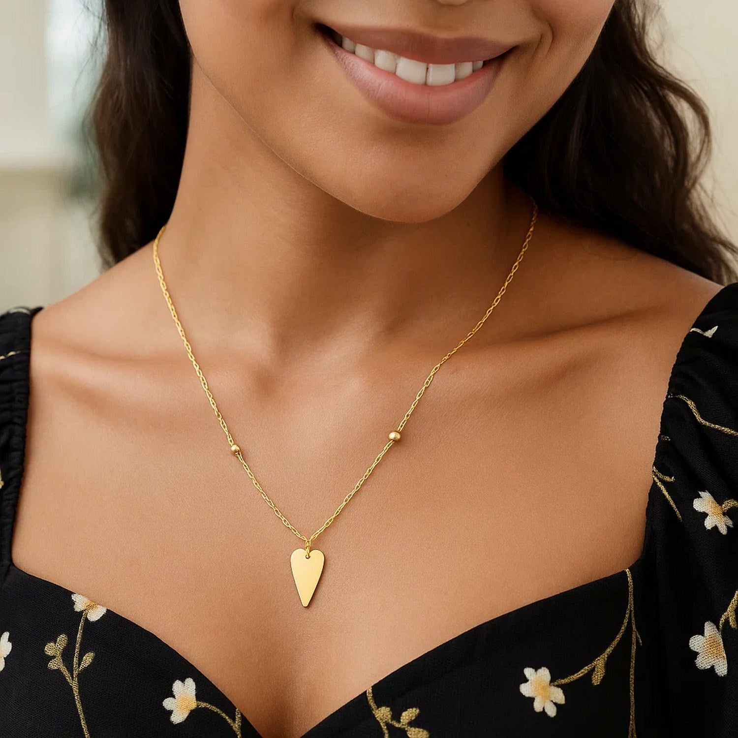 14K Yellow Gold Elongated Heart and Bead Station Necklace
