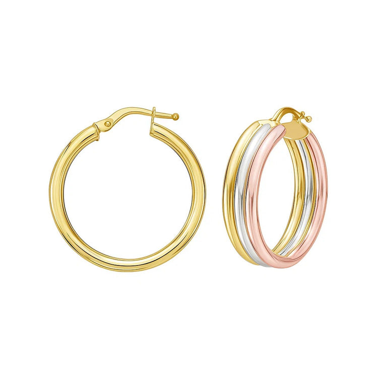 14K Tri Color Gold Polished Trinity Tube Hoop Earrings