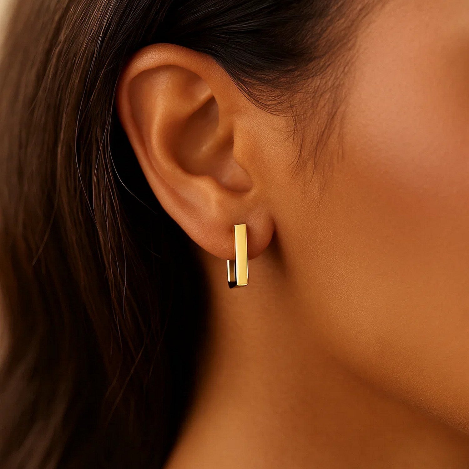 14k Yellow Gold Rectangle Huggie Hoops