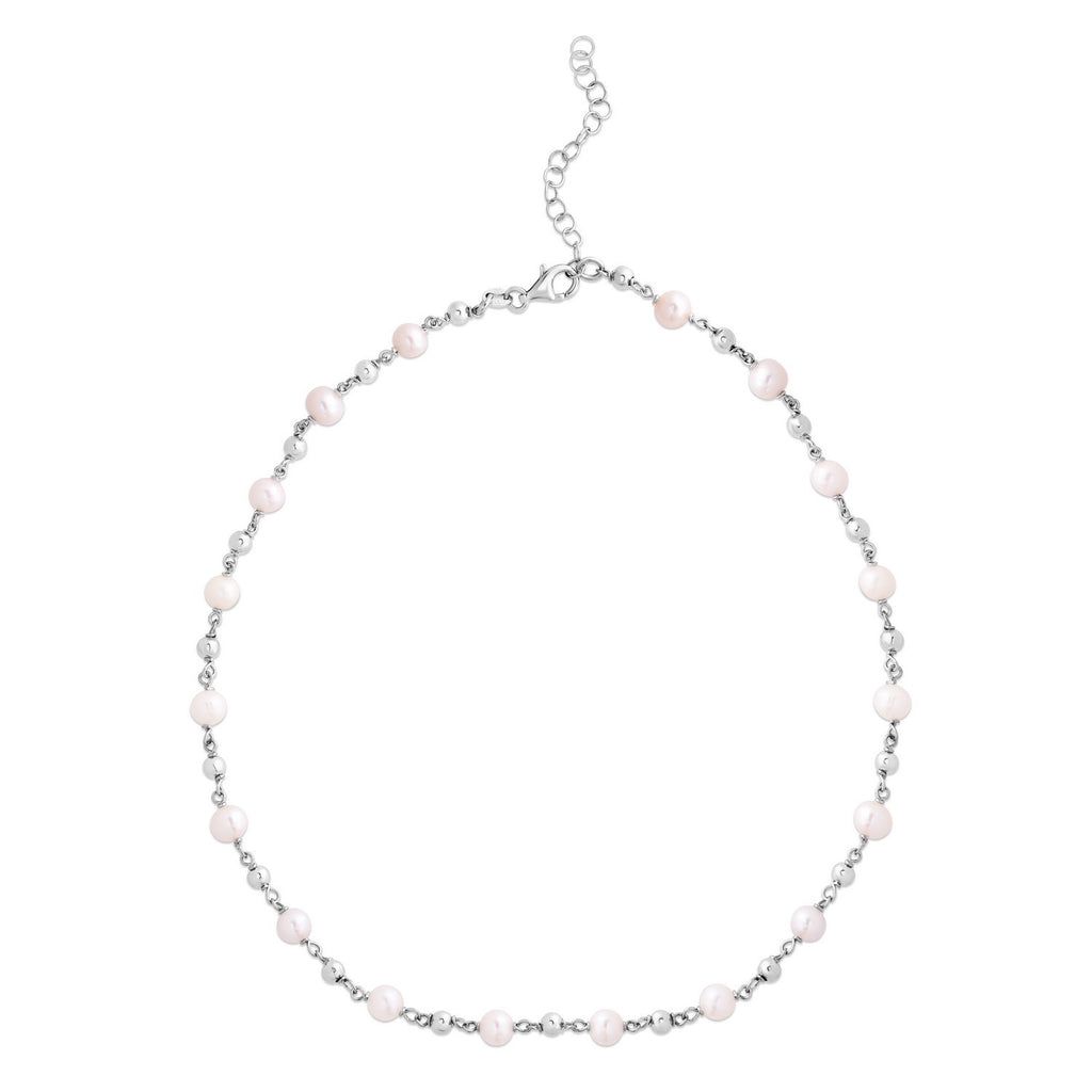 Sterling Silver Rhodium Plated Freshwater Pearl Bead Necklace