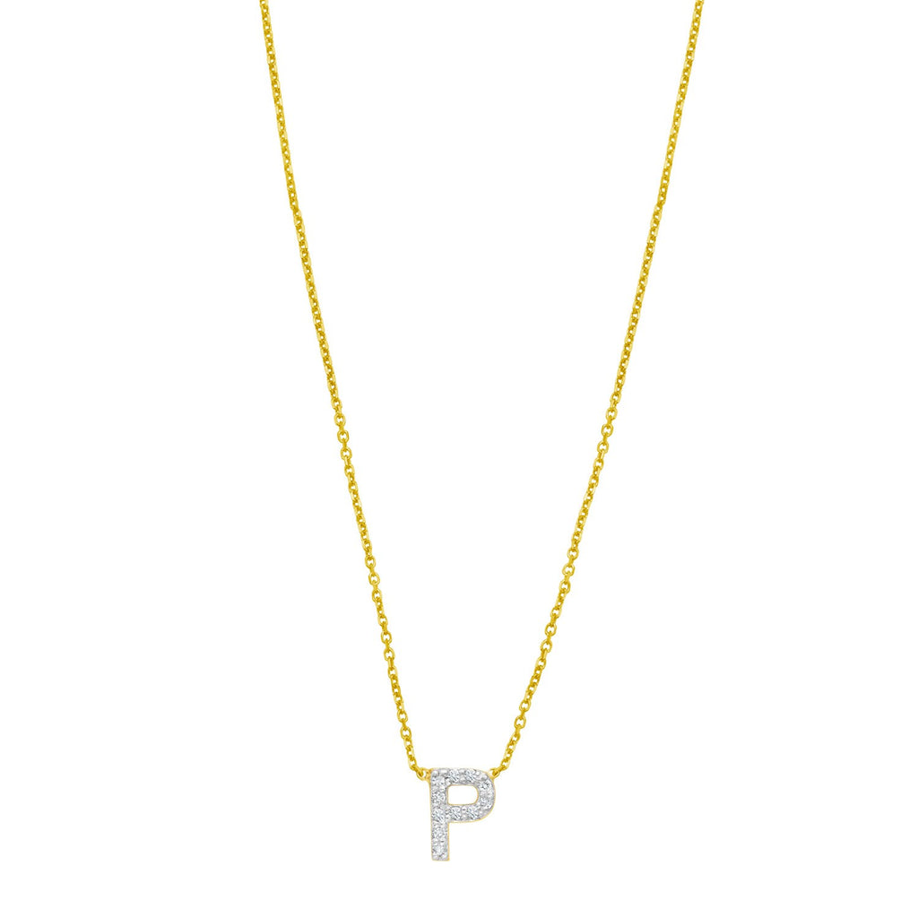 14K Yellow Gold Mini Diamond P Initial Pendant Necklace