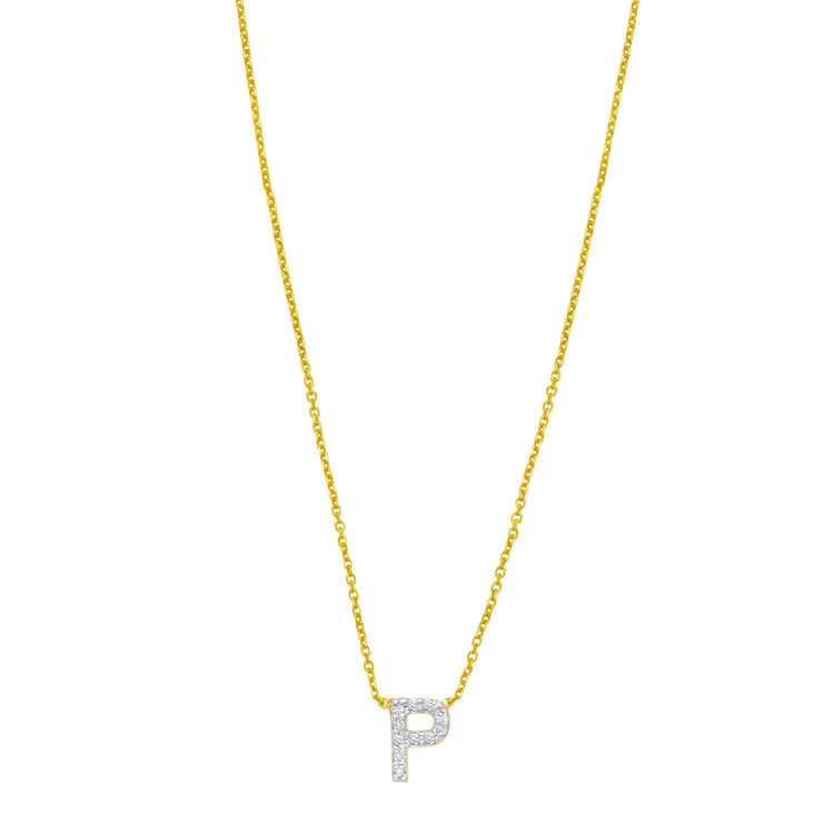 14K Yellow Gold Mini Diamond P Initial Pendant Necklace