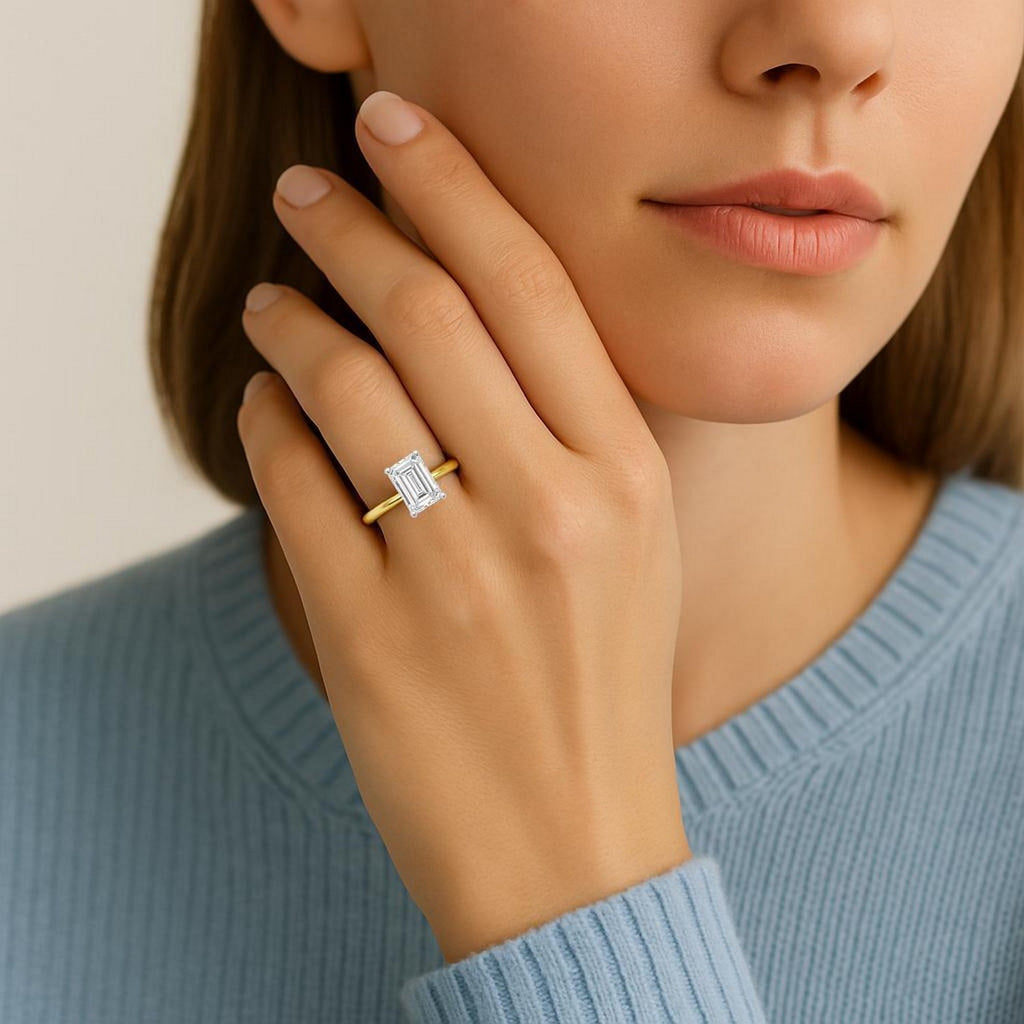 3 Carat Emerald Lab Grown IGI G/VS1 Diamond Solitaire Ring in 14K Yellow Gold