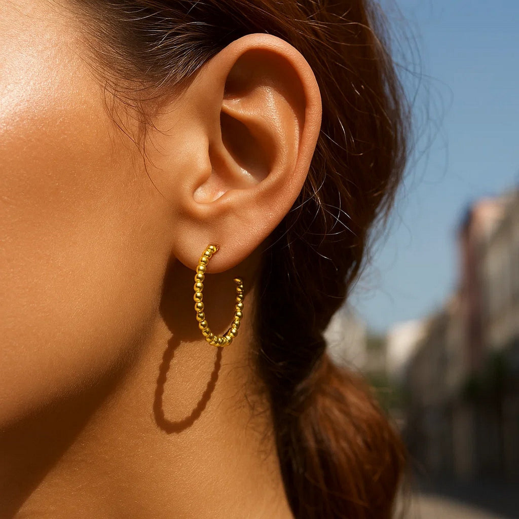 14K Yellow Gold Bead Hoop Earrings(2x23.4mm)