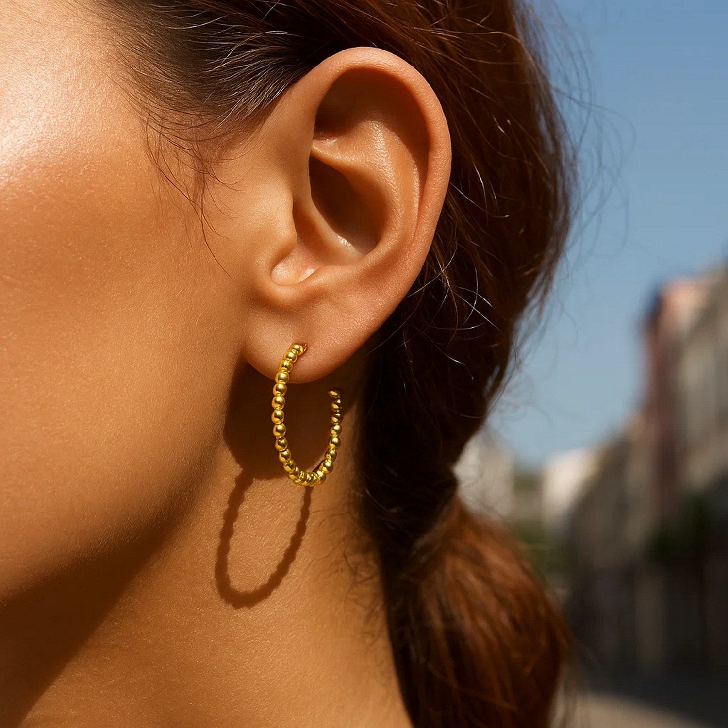 14K Yellow Gold Bead Hoop Earrings(2x23.4mm)