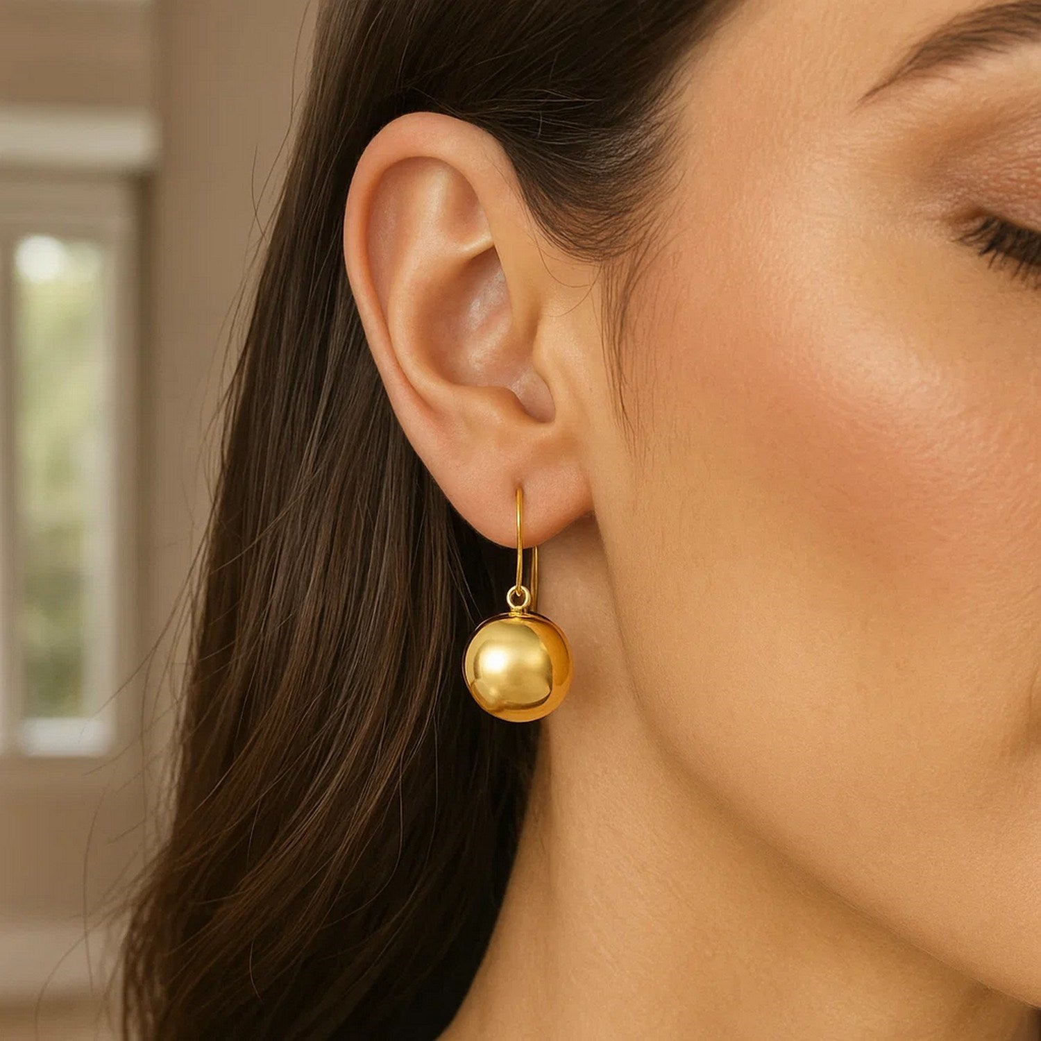 14k Yellow Gold Puffed Circle Shape Drop Earrings