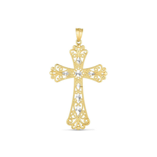 14k Two Tone Gold High Polish Diamond Cut Cross Pendant