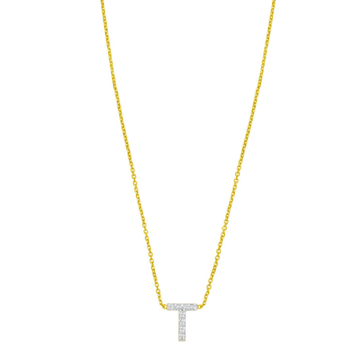 14K Yellow Gold Mini Diamond T Initial Pendant Necklace