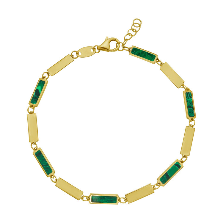 14K Yellow Gold Malachite Rectangle Links Bracelet (3.50 mm)