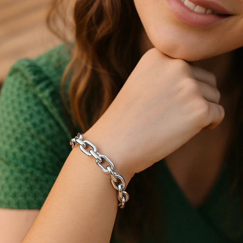 Sterling Silver Rhodium Plated Oval Link Bracelet