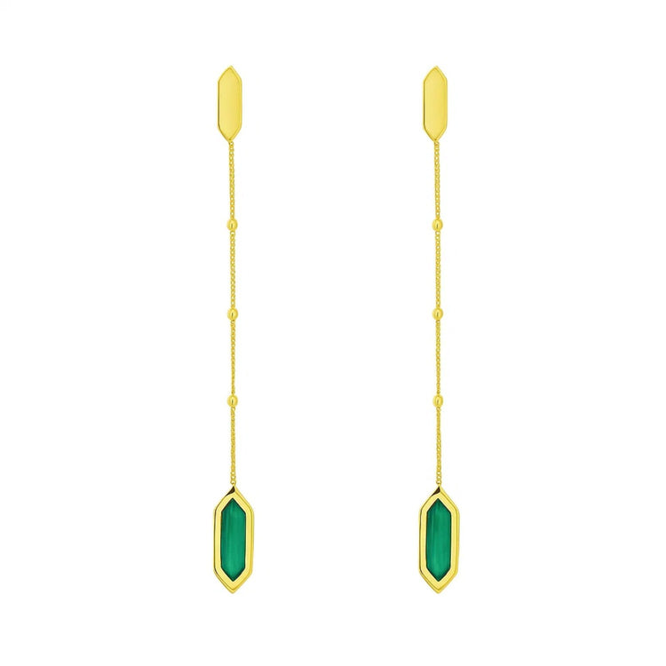 14K Yellow Gold Hexagon Malachite Drop Earrings