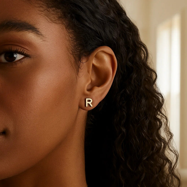 14K Yellow Gold Yours Truly Initial R Stud Earrings