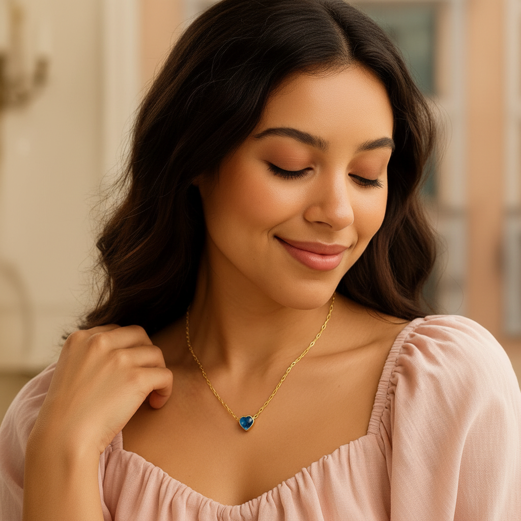 Blue Heart Gemstone Necklace Matching Angle