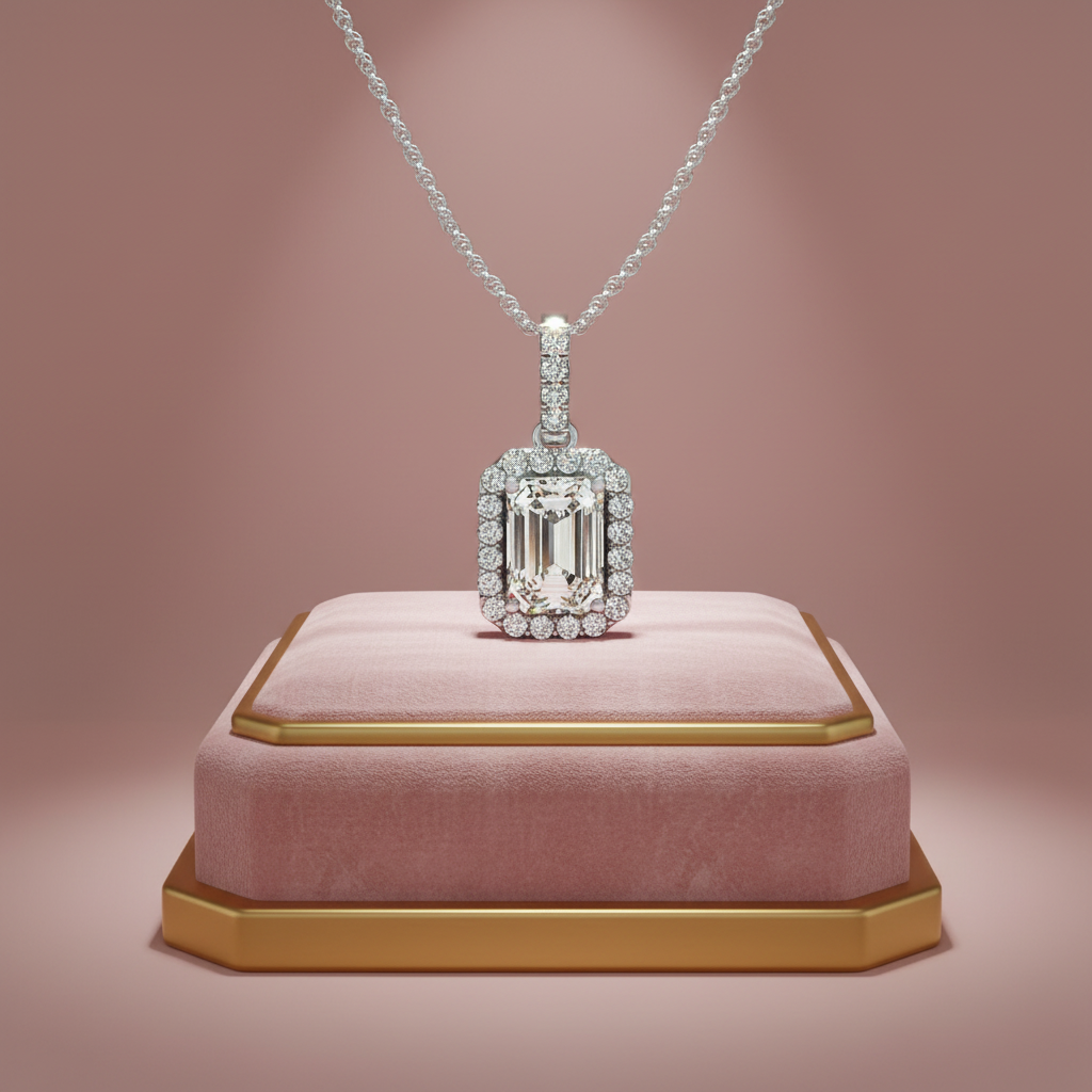 Halo Pendant With Emerald Center Diamond 14K White Gold - Pink Luxurious Display