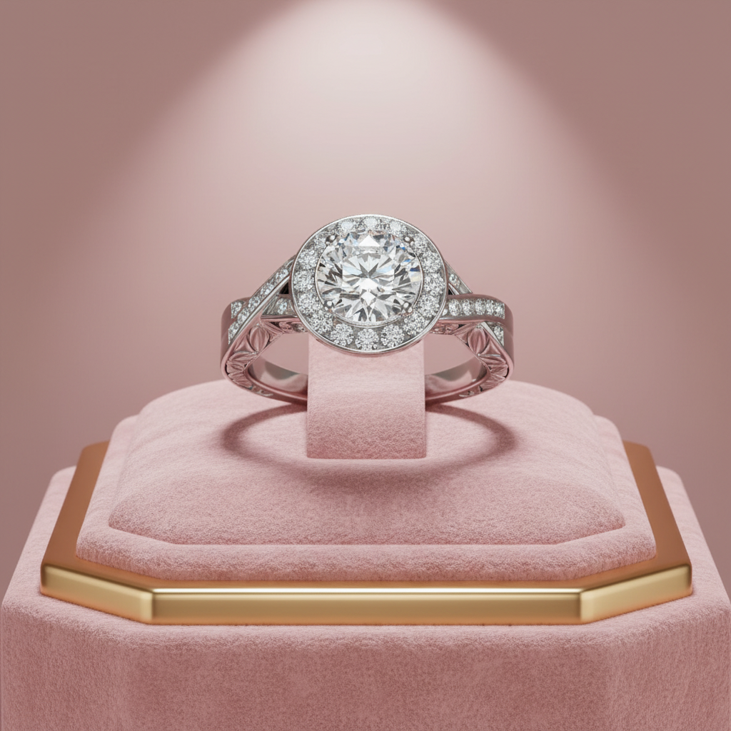 Halo Set Diamond Engagement Ring 14K White Gold - Pink Background Luxurious Display Large