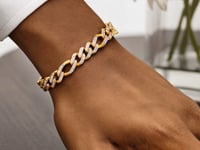 14k Yellow Gold White Pave High Polish Modern Lite Figaro Bracelet  (9.50 mm)